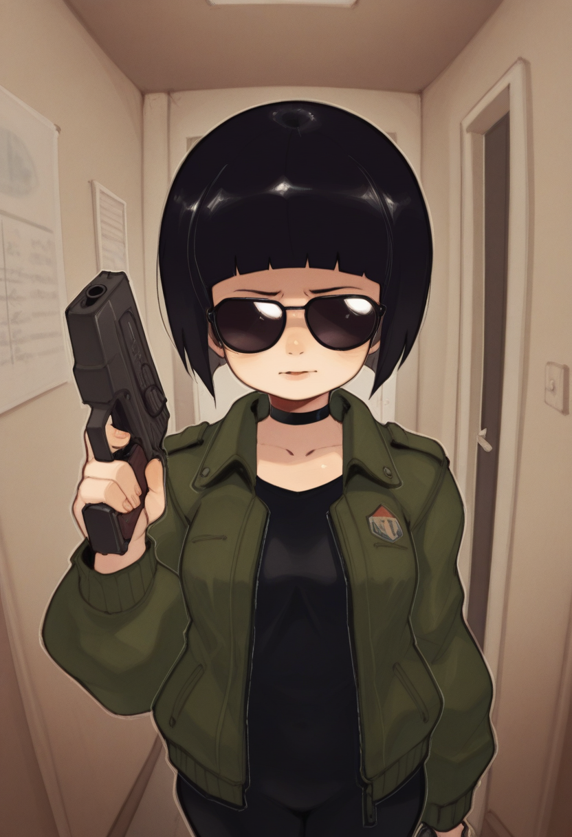 04N1M3R3style, masterpiece, best quality, solo,                                                                                        ,mathilda from leon, green jacket, black round sunglasses, choker, (black bobcut:1.1), holding pistol, apartment room, facing viewer,