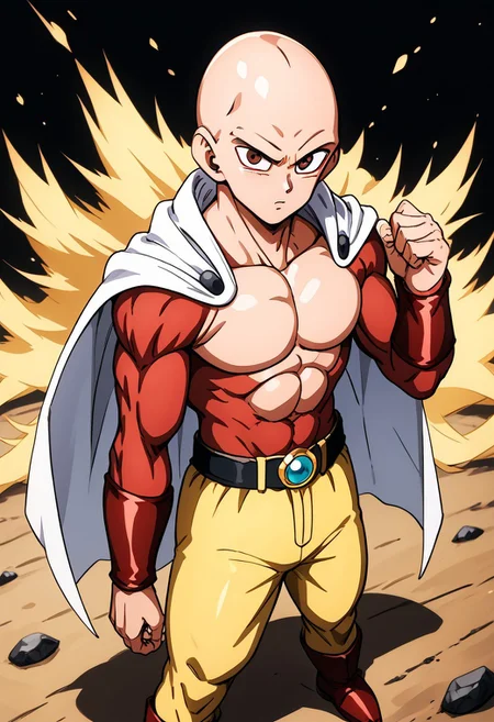 score_9, score_8_up, score_7_up, 1boy, muscular male, solo, saitama, (bald:1.5), no hair, yellow pants, red boots, white cape, brown eyes, abs, body fur, long hair, monkey tail, muscular, pectorals, red fur, ssj4, super saiyan, tail, full body, standing, detail1eye, good_hands,