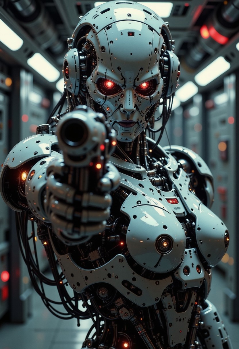A digital artwork in the style of cknc,  in the style of ck-ncr, a_skynet_cyberdyne_craft, the image is featuring a high-end cyborg female battle terminator robot, grey alloy material, looking at viewer, mechanical eyes, with glowing red lights and diodes, aiming blaster gun at viewer, dimly illuminated cyberpunk corridor, neo, bokeh