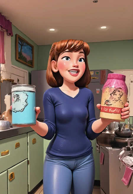 woman standing in kitchen holding two jugs