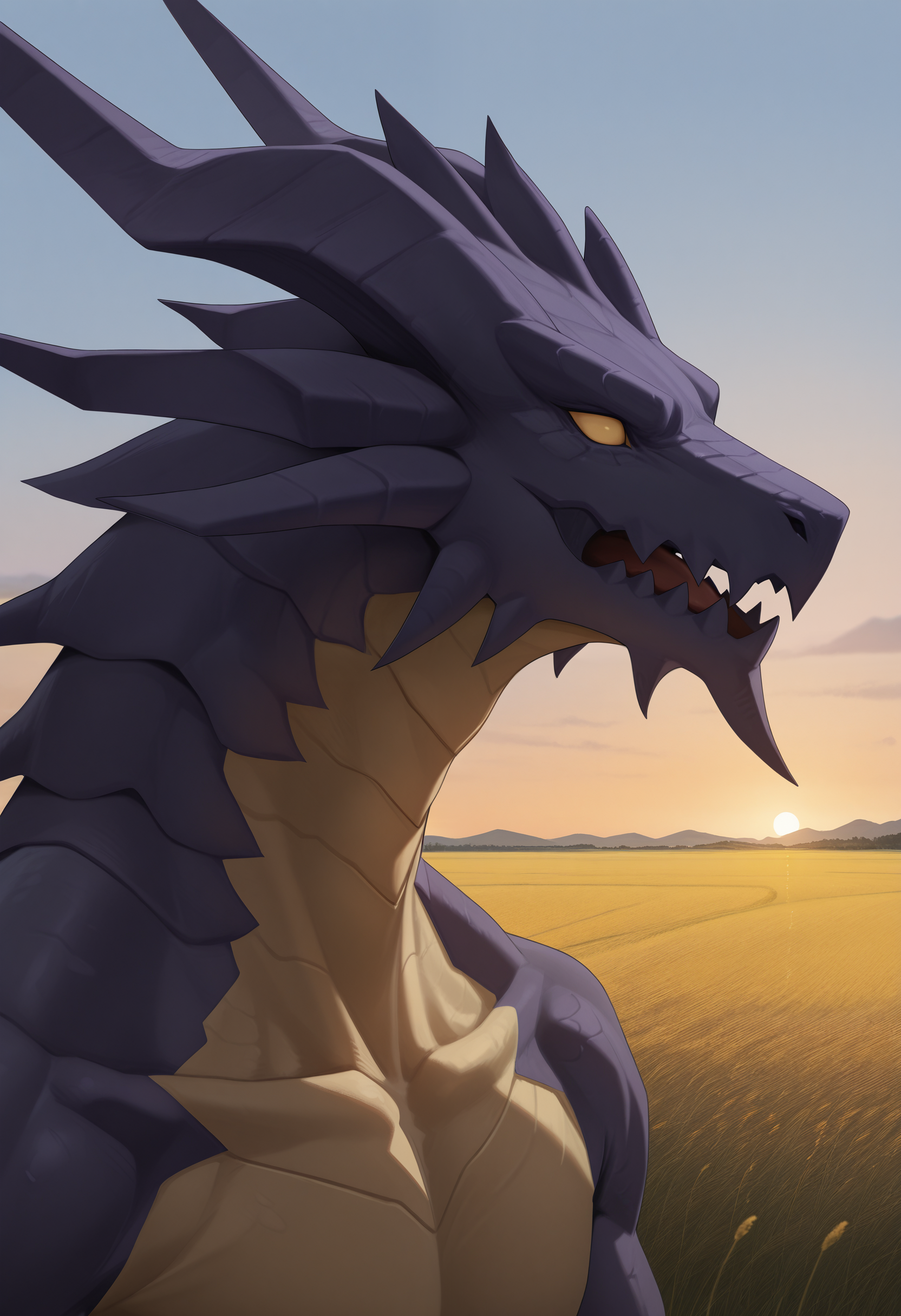 best quality, newest, absurdres, highres, (masterwork, masterpiece, best quality, hyper-detailed :1.3), 

1boy, solo,


b4h4_ffm, dragon, purple skin, yellow sclera, no pupils, body,
background, outside, field, 