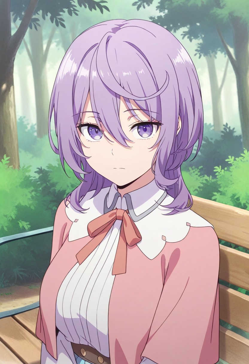 masterpiece,best quality,amazing quality, philia parnacorta, purple hair, purple eyes, 1girl, solo, bench, tree, bush, outdoors, looking at viewer, hair between eyes, ribbon, bow