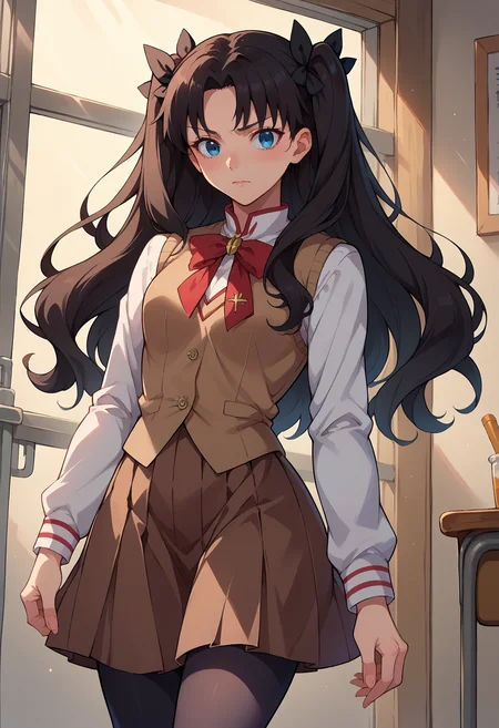score_9, score_8_up,score_7_up, source_anime, 1girl, solo, <lora:EPfsnRinPony:1.0>, EPfsnRin, long hair, black hair, two side up, twin-tails, blue eyes, school uniform, long long sleeves, white shirt, brown vest, brown skirt, homurahara academy school uniform, black black legwear,