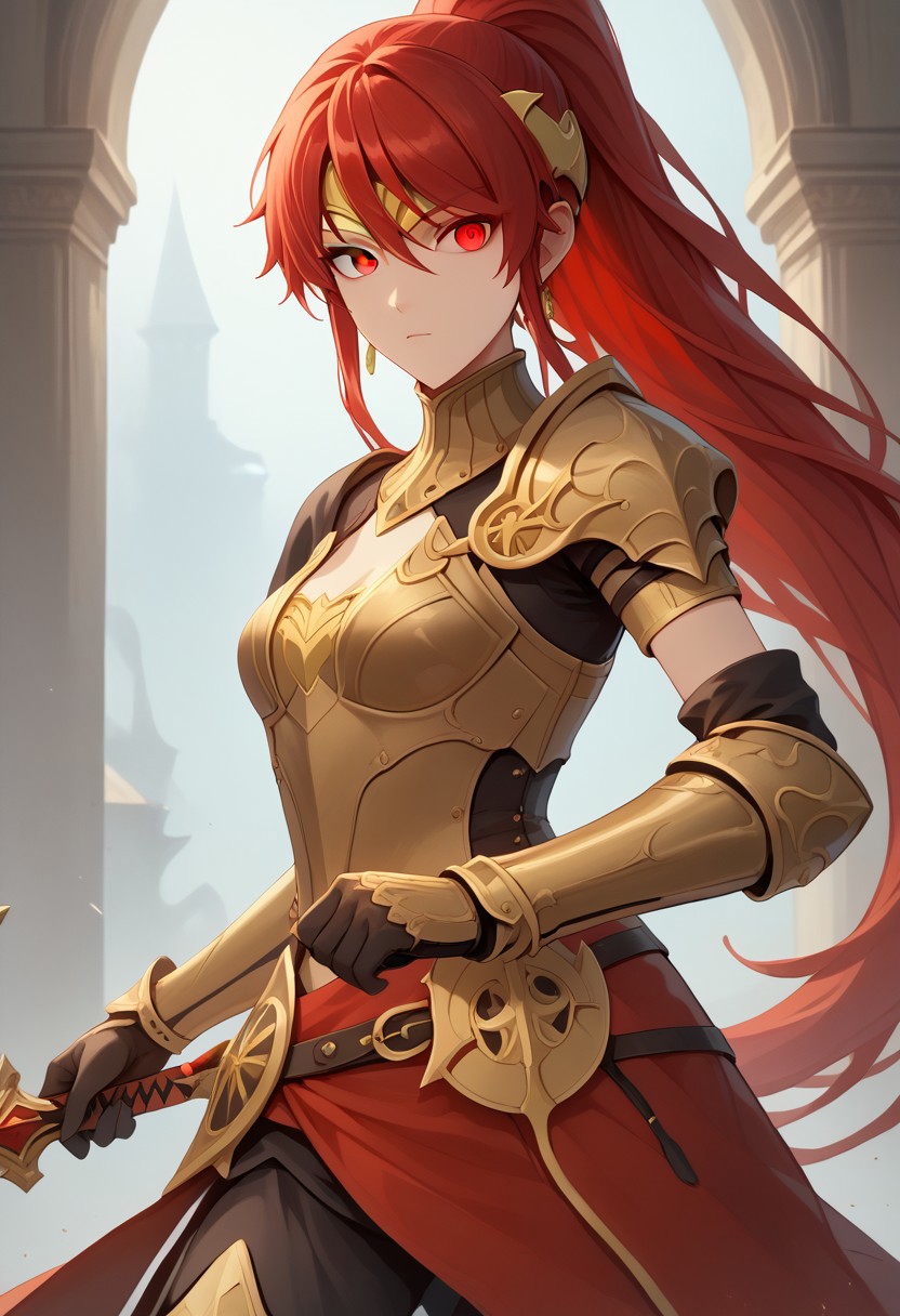 score_9, score_8_up, score_7_up, source_anime, , HD, masterpiece, best quality, hyper detailed, ultra detailed, 1girl, PyrrhaNikosXL, green eyes, red hair, long hair, ponytail, hair between eyes, forehead protector, medium breasts, gold gorget,  gold armlet, black elbow gloves,
Knight, plate armor,  wielding a sword and shield, dramatic pose,
(red eye trail:2.0), yellow eye trail,