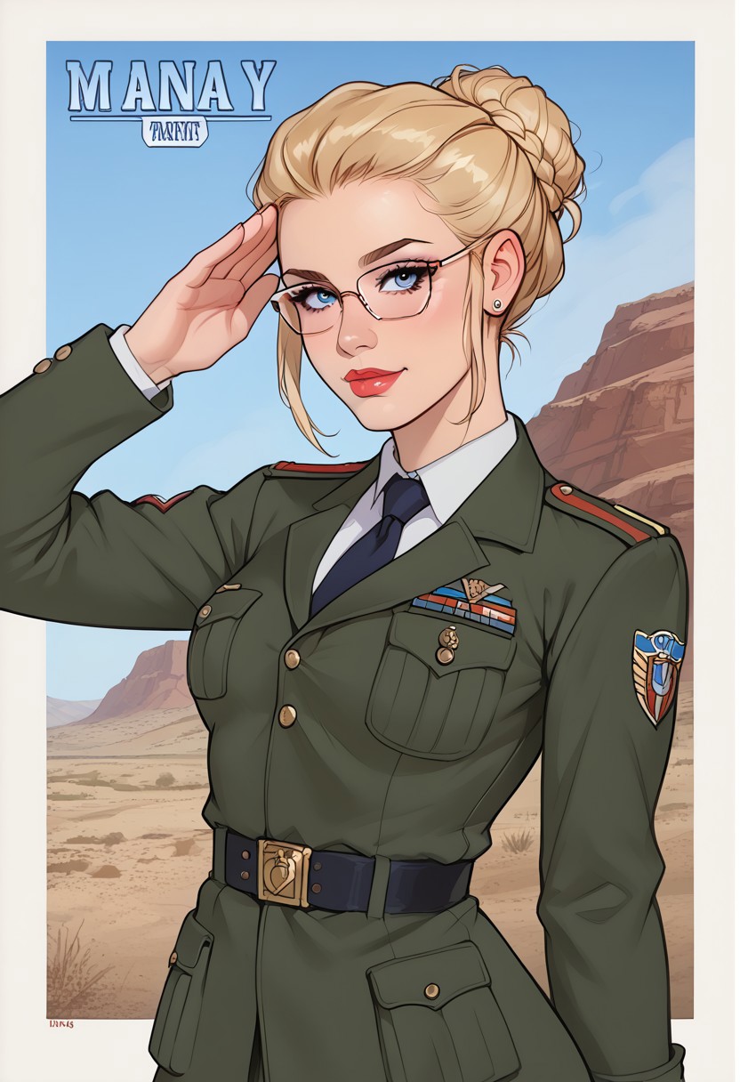 Blonde, hair bun, glasses, small boobs, Dr00l, Jabstyle,  sexy Army general outfit, pinup_style, propaganda poster, ww2 poster, salute, commanding over militarily