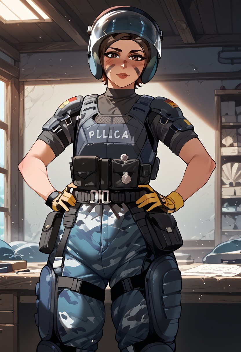 score_9, score_8_up, score_7_up, BREAK,Expressiveh, (masterpiece, best quality, highres detail),inside ,workshop,<lora:Mira_Rainbow_Six_Siege_PONY_XL_by_UOC:1>, mira, mira \(Rainbow Six Siege\),1girl,adult,solo, standing,hands on hips ,looks at viewer,horny,((curvy:1),flat chest,fupa),beutiful face ,facepaint,lips,short hair,brown hair,helmet,face shield,beutiful eyes,brown eyes,yellow gloves,black t-shirt,armor,blue camouflage pants