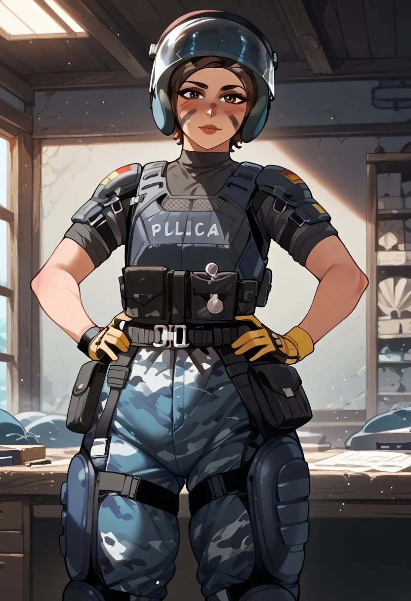 score_9, score_8_up, score_7_up, BREAK,Expressiveh, (masterpiece, best quality, highres detail),inside ,workshop,<lora:Mira_Rainbow_Six_Siege_PONY_XL_by_UOC:1>, mira, mira \(Rainbow Six Siege\),1girl,adult,solo, standing,hands on hips ,looks at viewer,horny,((curvy:1),flat chest,fupa),beutiful face ,facepaint,lips,short hair,brown hair,helmet,face shield,beutiful eyes,brown eyes,yellow gloves,black t-shirt,armor,blue camouflage pants