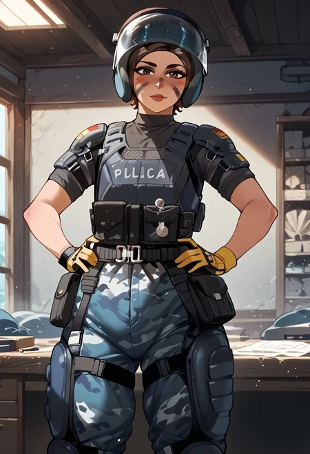 score_9, score_8_up, score_7_up, BREAK,Expressiveh, (masterpiece, best quality, highres detail),inside ,workshop,<lora:Mira_Rainbow_Six_Siege_PONY_XL_by_UOC:1>, mira, mira \(Rainbow Six Siege\),1girl,adult,solo, standing,hands on hips ,looks at viewer,horny,((curvy:1),flat chest,fupa),beutiful face ,facepaint,lips,short hair,brown hair,helmet,face shield,beutiful eyes,brown eyes,yellow gloves,black t-shirt,armor,blue camouflage pants