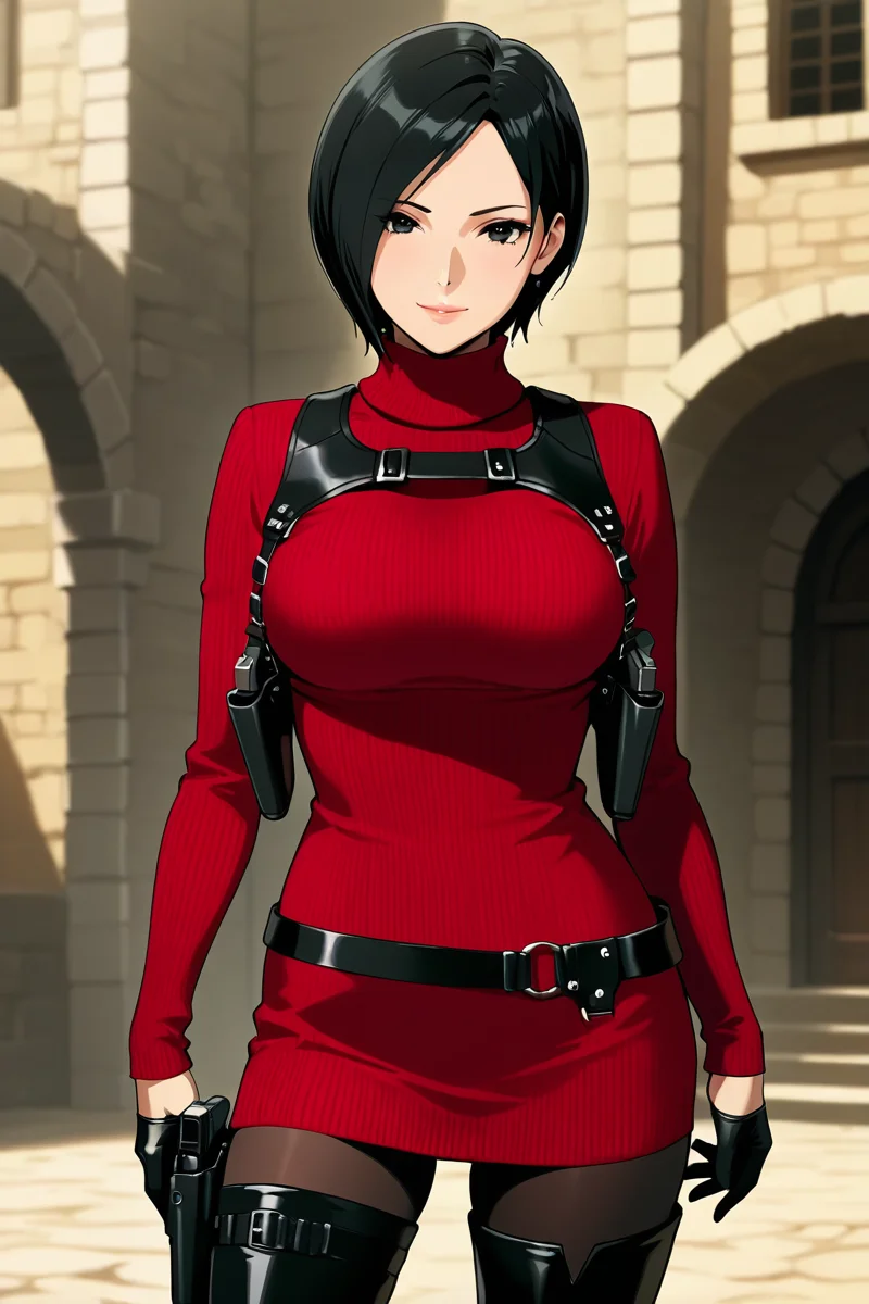 <lora:ada_wong_re_illus:0.7> ada wong, black hair, short hair, black eyes, large breasts, red sweater, turtleneck, chest harness, pantyhose, black gloves, half gloves, black belt, pistol holster, 1girl, solo, looking at viewer, smile, thighhighs, jewelry, standing, weapon, boots, belt, black footwear, lips, gun, thigh boots, bob cut, high heel boots, sweater dress, thigh holster, shoulder holster, black thighhighs, anime coloring, pistol holster on belt, medieval cities, more detail, cowboy shot,