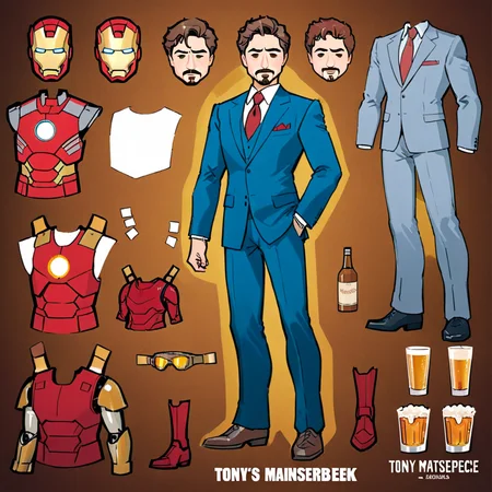 masterpiece,A cartoon-style paper doll of Tony Stark, dressed in a sleek, modern suit with a charismatic smile. The doll set includes additional accessories: a set of Iron Man armor pieces, detailed and vibrant, allowing for a transformation from business mogul to superhero. Alongside the armor, there are two more playful accessories - a realistic-looking hamburger and a glass of whiskey, capturing Tony's indulgent and carefree side. Each accessory is crafted to fit seamlessly with the paper doll, offering a range of storytelling and display possibilities, <lora:papperdollfix2:0.7>