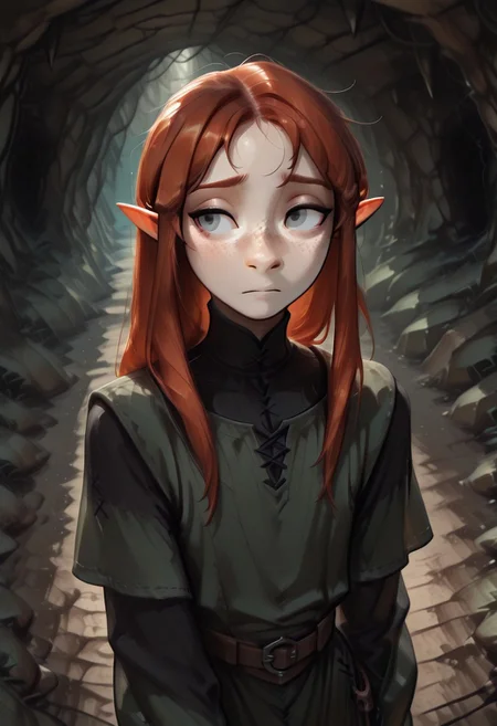 1person, solo, Lapanya, Malgha, freckles, pointy ears, Long-sleeve black shirt, green tunic,
looking to the side, looking away from viewer, high angle, shy expression,
Underground, organic cavern,
Masterpiece, high quality, highly detailed, perfect eyes, detailed freckles,