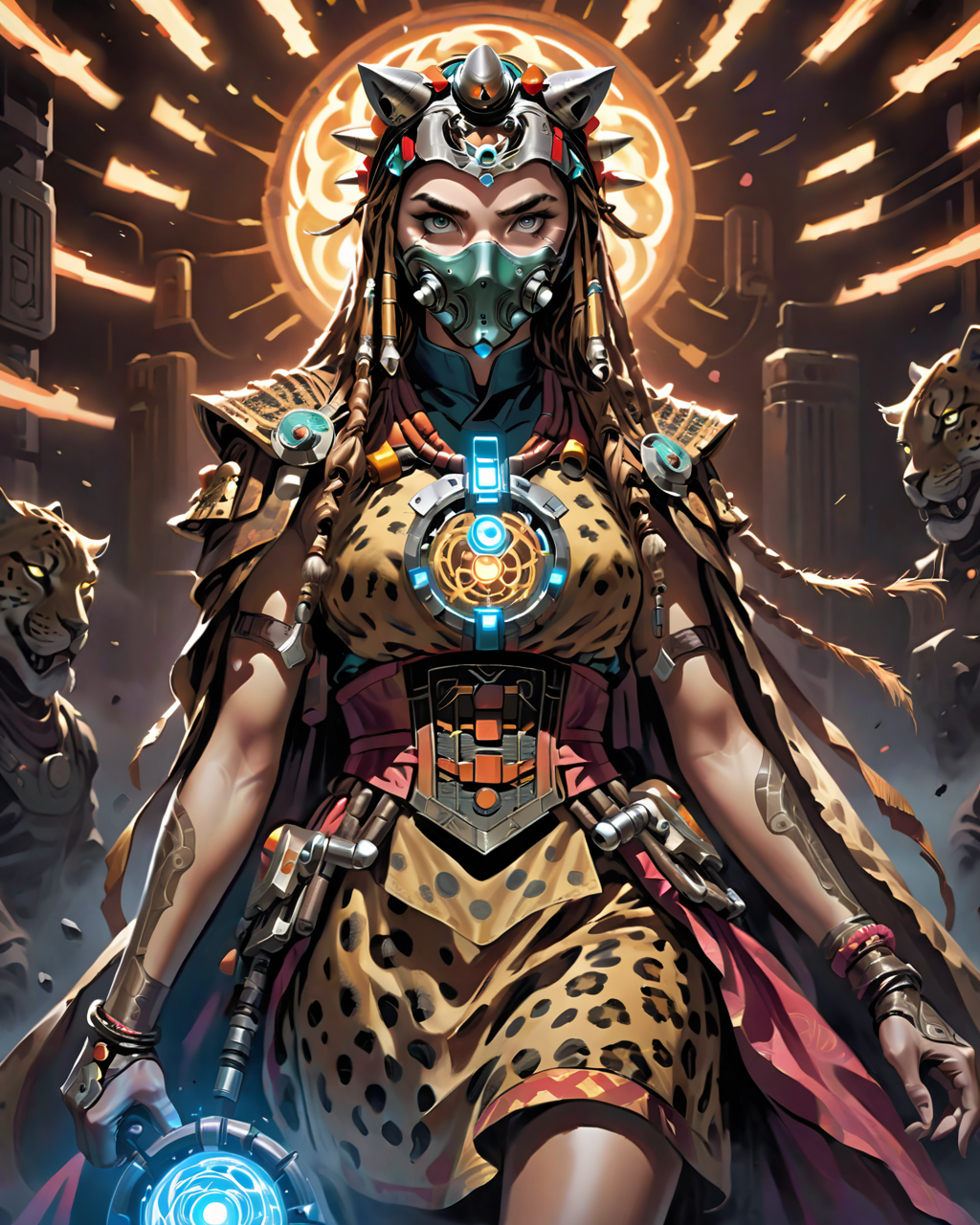 concept art, Cyberpunk (The Doctor:1.2) , wearing fall dress, [Explosive|Serious] cheetah print Samurai Mask, Mechanical Body Parts, Kinemacolor background, Stars in the sky, Cathode tube, dslr, <lora:Moroccan_Headdress_Ait_Baamrane:0.8> beautiful, traditional, headdress