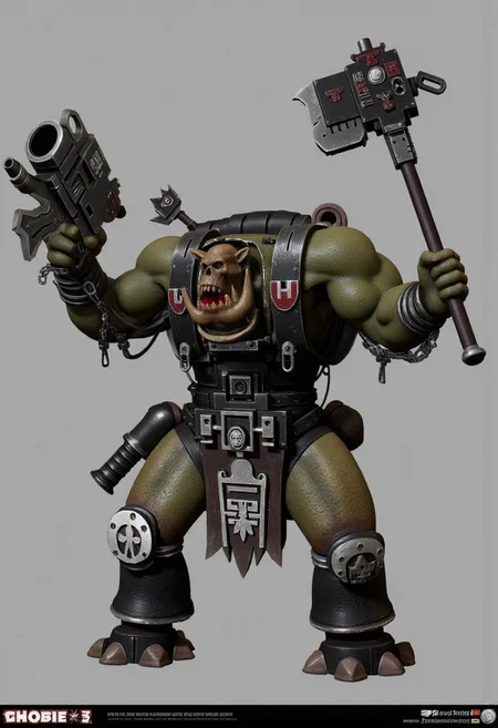 Score_9_up, absurdres, source: GamesWorkshop, grimdark, gothic horror, Warhammer 40000, a snarling ork is waving an axe in one hand and firing a machinegun in the other, lifelike, hyperrealism, perfect hands, perfect anatomy, project unreal engine