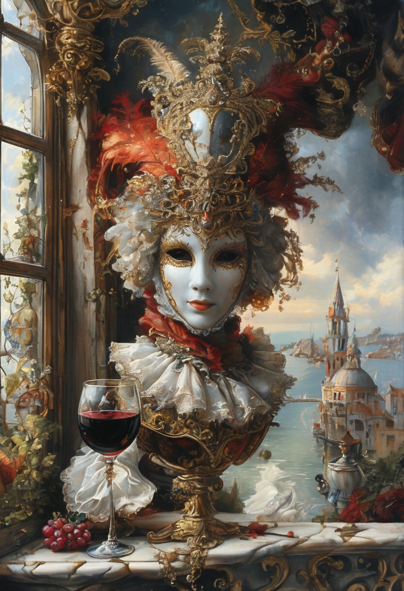 A still life in the style of 17th-century Dutch masters: Venetian mask with gilt edges and velvet texture, antique brass hourglass, crystal goblet filled with red wine, grapes with dewdrops. Dramatic Rembrandt-style lighting from a side window casting deep shadows. Through the window: a fantasy landscape — medieval castle with floating bridges and stained-glass towers, Baroque clouds (voluminous, illuminated by golden light), and a majestic dragon with iridescent scales soaring across the sky. Details: dust motes in light beams, cracked plaster walls, dragon's reflection in the goblet. Technique: oil painting with glazing layers, chiaroscuro contrast, hyperrealistic textures of aged wood and polished crystal.