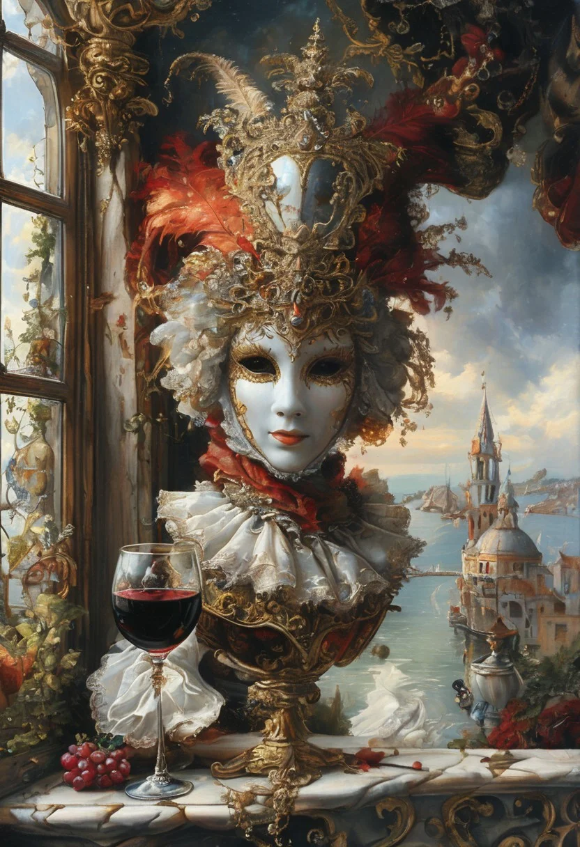 A still life in the style of 17th-century Dutch masters: Venetian mask with gilt edges and velvet texture, antique brass hourglass, crystal goblet filled with red wine, grapes with dewdrops. Dramatic Rembrandt-style lighting from a side window casting deep shadows. Through the window: a fantasy landscape — medieval castle with floating bridges and stained-glass towers, Baroque clouds (voluminous, illuminated by golden light), and a majestic dragon with iridescent scales soaring across the sky. Details: dust motes in light beams, cracked plaster walls, dragon's reflection in the goblet. Technique: oil painting with glazing layers, chiaroscuro contrast, hyperrealistic textures of aged wood and polished crystal.