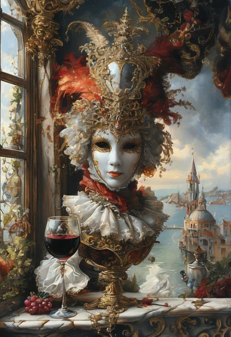 A still life in the style of 17th-century Dutch masters: Venetian mask with gilt edges and velvet texture, antique brass hourglass, crystal goblet filled with red wine, grapes with dewdrops. Dramatic Rembrandt-style lighting from a side window casting deep shadows. Through the window: a fantasy landscape — medieval castle with floating bridges and stained-glass towers, Baroque clouds (voluminous, illuminated by golden light), and a majestic dragon with iridescent scales soaring across the sky. Details: dust motes in light beams, cracked plaster walls, dragon's reflection in the goblet. Technique: oil painting with glazing layers, chiaroscuro contrast, hyperrealistic textures of aged wood and polished crystal.
