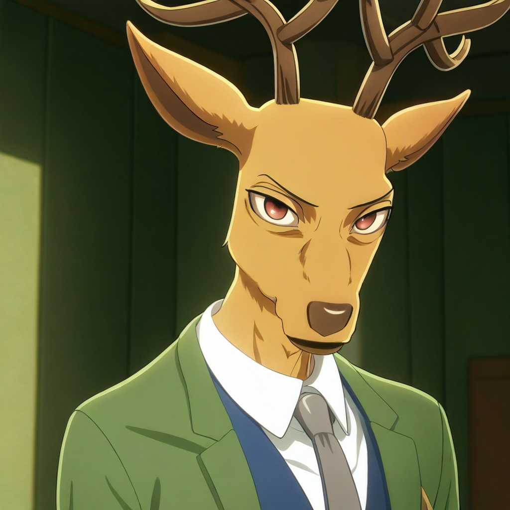 high quality, detailed, LouisBeastars, male, solo male, 1boy, broad shoulders, mature male, reddish brown eyes, athletic build, slim build, deer, buck, antlers, brown body, animal ears, blue vest, white collared shirt, gray tie, green jacket, looking at viewer, bust shot, indoors