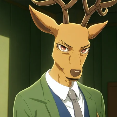 high quality, detailed, LouisBeastars, male, solo male, 1boy, broad shoulders, mature male, reddish brown eyes, athletic build, slim build, deer, buck, antlers, brown body, animal ears, blue vest, white collared shirt, gray tie, green jacket, looking at viewer, bust shot, indoors