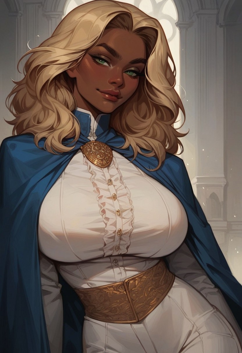 score_9, score_8_up, score_7_up, score_6_up, solo, gold hair, dark skin, (big lips:0.6), pauldron, white shirt, sleeves, white pants, cravat, blue cape, huge breasts, green eyes, indoors, castle, dark eyebrows, smirk, smug, detailed, confident, toned body, belts, duelist, elegant, fancy clothing, close up, g0thicPXL
