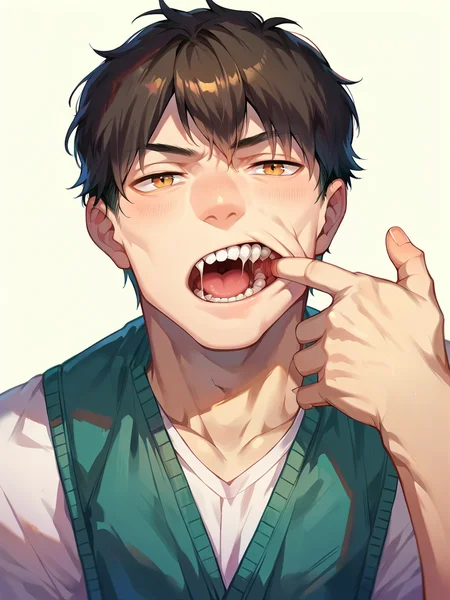 score_9, score_8_up, score_7_up, score_6_up, score_5_up, <lora:mouthpullXLP:1> mouth pull, finger in own mouth, 1boy