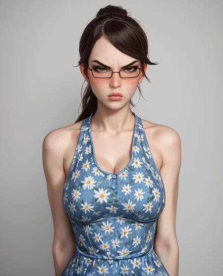 score_9,score_8,score_7,source_explicit , 1girl, solo,
<lora:Chudette:.8> chudette, brown hair, pale skin, dark brown eyes, glasses, 1girl, , , ponytail, scowl, ,blue floral dress, big lips, angry, blushing,
<lora:Expressive_H:1> expressiveh
<lora:Eyes_High_Definition:0.25> eyeshd, best quality,(hyperrealistic art:1.2)
BREAK
extremely high-resolution details, photographic, (realism pushed to extreme:1.2), fine texture, (incredibly lifelike:1.2), (3d:1.2)