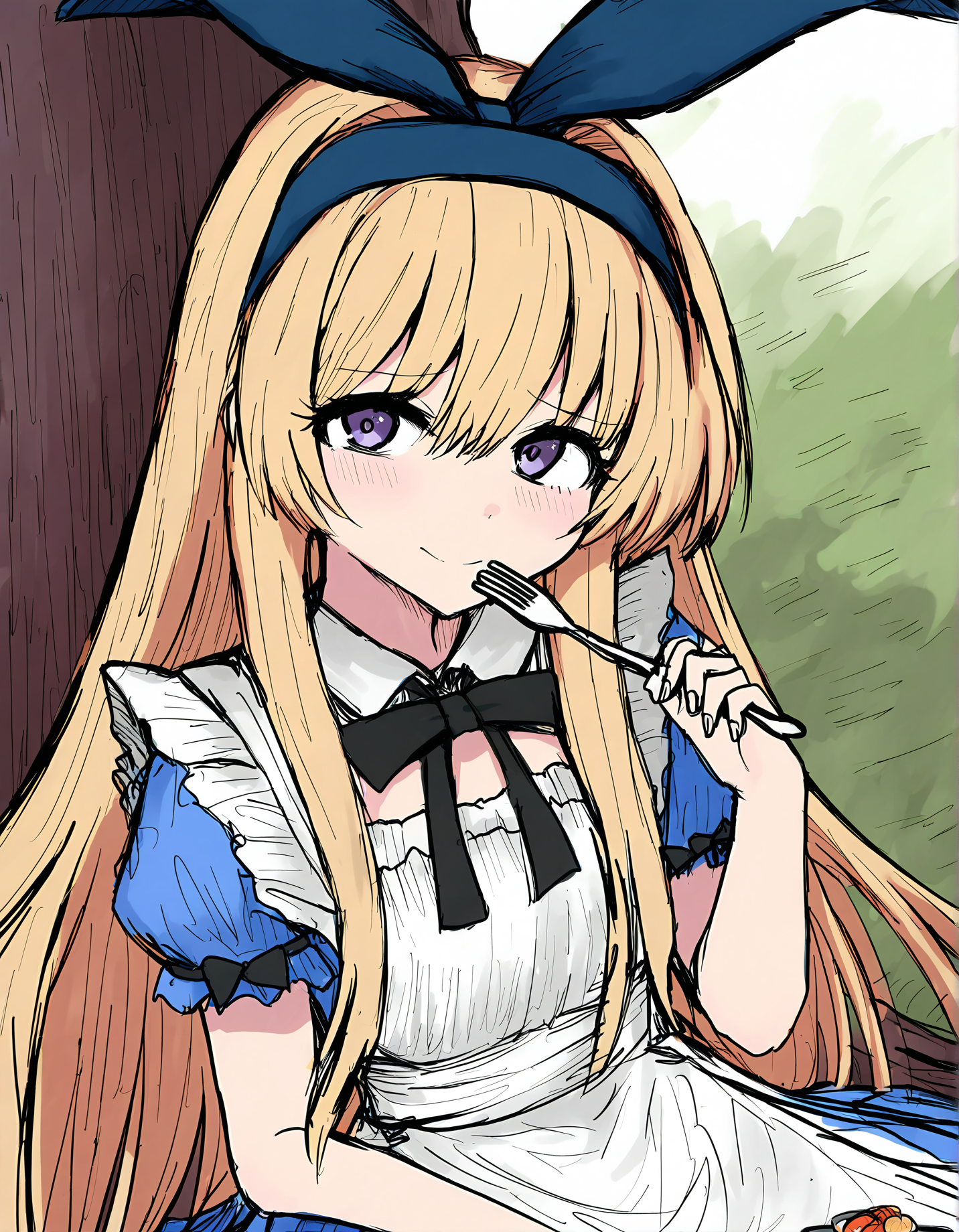sushi yuusha toro, 1girl, blonde hair, long hair, solo, puffy short sleeves, short sleeves, hair ornament, fork, puffy sleeves, smile, dress, closed mouth, blush, blue dress, tree, purple eyes, alice (alice in wonderland), holding fork, holding, very long hair, apron, bow, hairband, hair between eyes, sensitive, food, white apron, black bow, ribbon, rabbit hair ornament, sketch, looking at viewer, sitting, collared dress, hair ribbon, frills, blue hairband, fingernails, frilled apron, day, black ribbon, against tree, black bowtie, outdoors
very awa, masterpiece, best quality, year 2024, newest, highres, absurdres, <lora:black-souls-style-noobai-vpred10-v4:1>