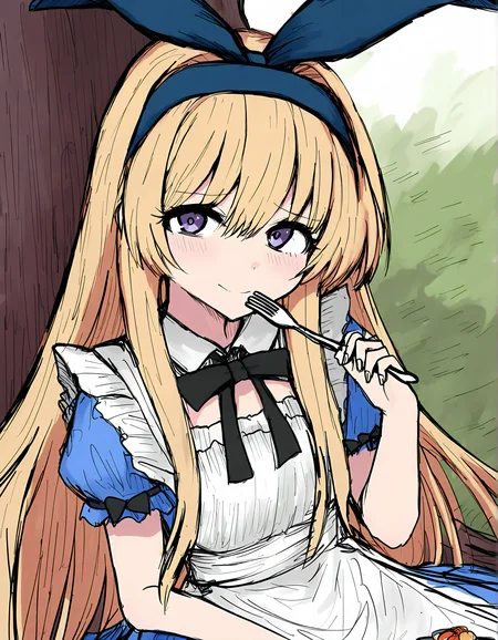 sushi yuusha toro, 1girl, blonde hair, long hair, solo, puffy short sleeves, short sleeves, hair ornament, fork, puffy sleeves, smile, dress, closed mouth, blush, blue dress, tree, purple eyes, alice (alice in wonderland), holding fork, holding, very long hair, apron, bow, hairband, hair between eyes, sensitive, food, white apron, black bow, ribbon, rabbit hair ornament, sketch, looking at viewer, sitting, collared dress, hair ribbon, frills, blue hairband, fingernails, frilled apron, day, black ribbon, against tree, black bowtie, outdoors
very awa, masterpiece, best quality, year 2024, newest, highres, absurdres, <lora:black-souls-style-noobai-vpred10-v4:1>