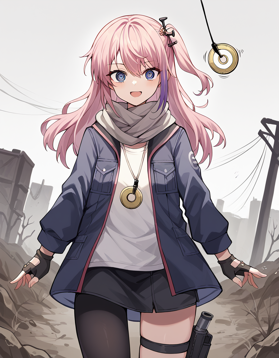 score_9, score_8_up, score_7_up, source_anime, <lora:girlsfrontline-st-ar-15-ponyxl-lora-nochekaiser:1>, st ar-15, blue eyes, hair ornament, long hair, multicolored hair, one side up, streaked hair, pink hair, purple hair,, asymmetrical legwear, black pantyhose, black socks, dress, fingerless gloves, gloves, grey scarf, holster, jacket, pantyhose, scarf, shirt, single leg pantyhose, single thighhigh, strap, thigh holster, thigh strap, thighhighs, uneven legwear, white shirt,, wasteland, barren, dry, post apocalyptic, desolate, smile, <lora:pendulum-ponyxl-lora-nochekaiser:1>, pendulum, holed coin, coin on string, hypnosis, mind control, coin, @ @,, looking at viewer, solo,, dutch angle, cowboy shot