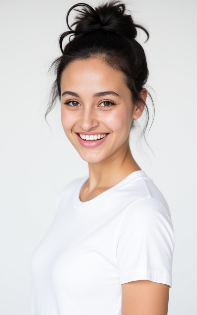 a woman wearing a white t - shirt with her hair in a messy bun and a smile on her face, woman, looking at viewer, smile, open mouth, simple background, shirt, black hair, white background, brown eyes, white shirt, teeth, portrait, realistic, photorealistic
