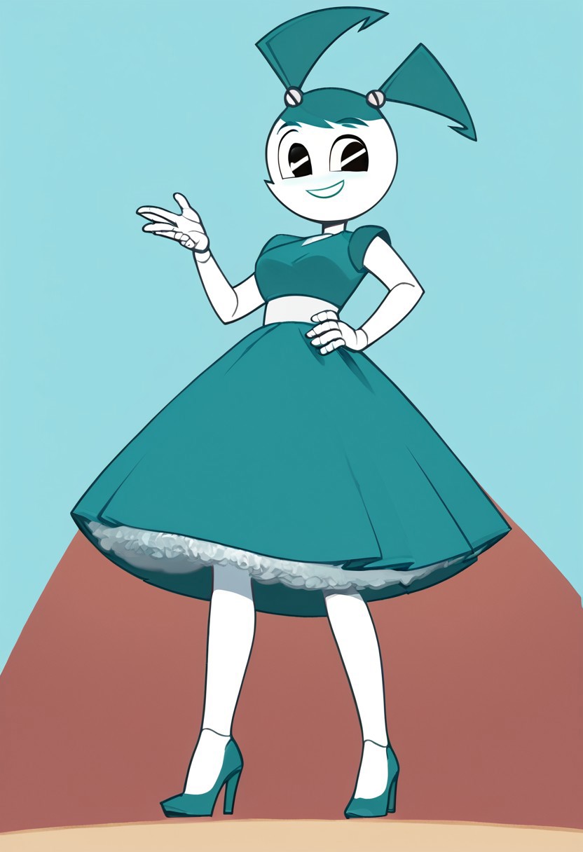 (Masterpiece, best quality:1.2), score_9, score_8_up, flat color, flat shading, soft shading, lighting, Jenny Wakeman as an adult, in a 1950's full length formal blue skirt, a white belt, button down v-neck formal black top, a fluffy frilly ruffled full white petticoat, and black high heels, dress, layered petticoat, frilly petticoat, fluffy petticoat, full petticoat, detailed petticoat ((wide skirt, detailed outfit, flowing skirt, long skirt, solid blue colored skirt, black high heels)), blue hair, series accurate, cute, best high quality, high res, robot, humanoid robot, medium breasts, whole body shot, 1girl, ((solo, outdoors, looking at you, low angle)), cute, seductive, seductive smile, half lidded eyes, low angle shot, cartoon, cartoon style, vector, solo, circle dress, 1950s, whisperfoot_style, dance dress jenny, jenny wakeman, 1girl, solo, robot joints, black eyes, white skin, ponytail, hair bow, blue rose chest corsage, poofy dress, blue hair, flat lighting