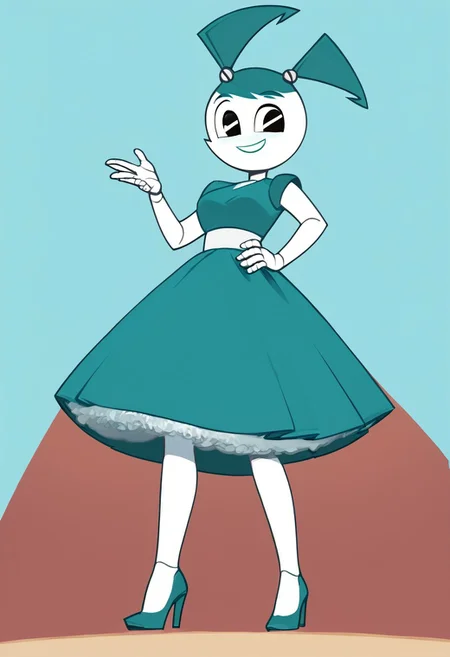 (Masterpiece, best quality:1.2), score_9, score_8_up, flat color, flat shading, soft shading, lighting, Jenny Wakeman as an adult, in a 1950's full length formal blue skirt, a white belt, button down v-neck formal black top, a fluffy frilly ruffled full white petticoat, and black high heels, dress, layered petticoat, frilly petticoat, fluffy petticoat, full petticoat, detailed petticoat ((wide skirt, detailed outfit, flowing skirt, long skirt, solid blue colored skirt, black high heels)), blue hair, series accurate, cute, best high quality, high res, robot, humanoid robot, medium breasts, whole body shot, 1girl, ((solo, outdoors, looking at you, low angle)), cute, seductive, seductive smile, half lidded eyes, low angle shot, cartoon, cartoon style, vector, solo, circle dress, 1950s, whisperfoot_style, dance dress jenny, jenny wakeman, 1girl, solo, robot joints, black eyes, white skin, ponytail, hair bow, blue rose chest corsage, poofy dress, blue hair, flat lighting