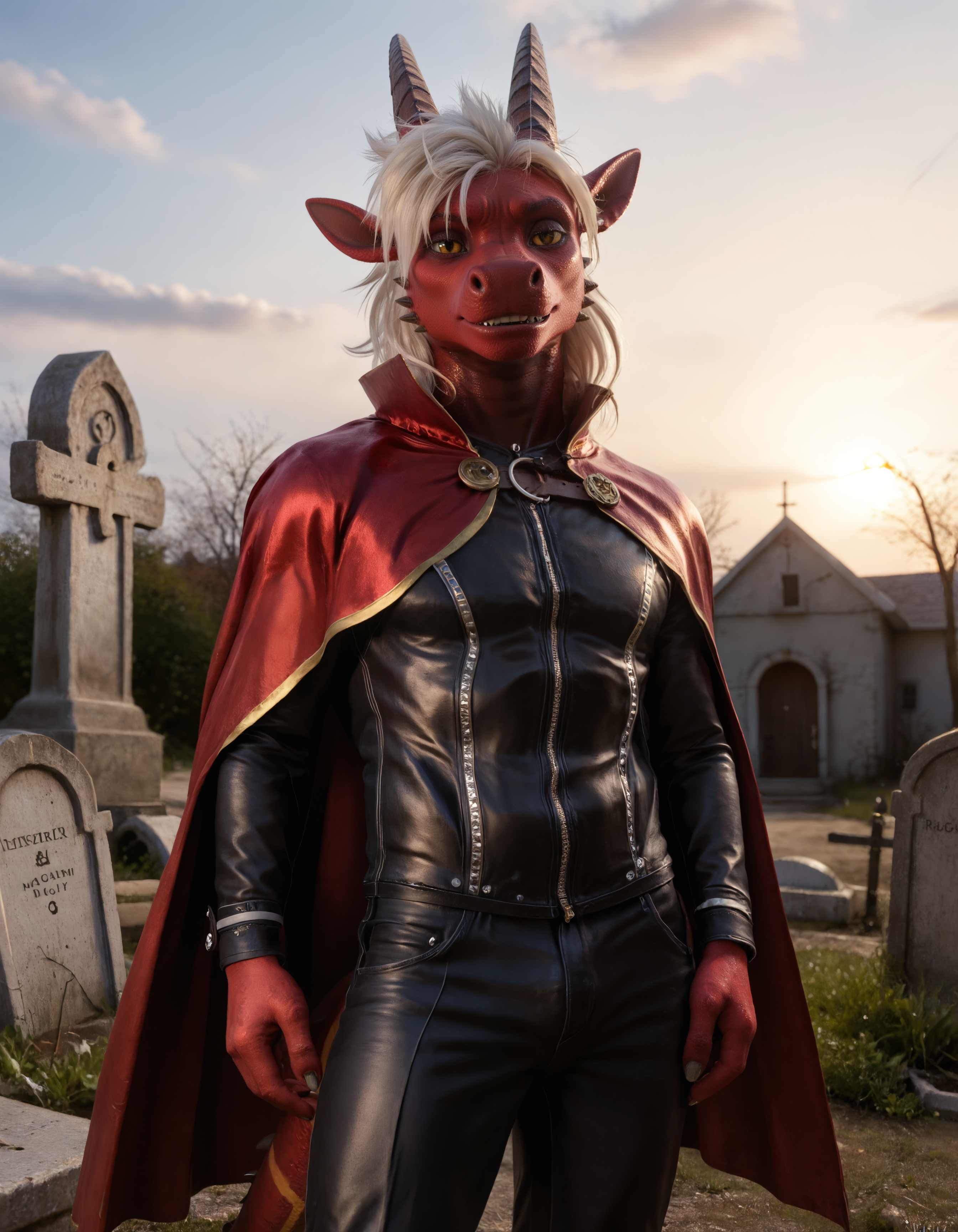 score_9, score_8_up, score_7_up, BREAK rating_safe, 3d, detailed, cinematic lighting, hdr, masterpiece, best quality, ultra realistic, 4k, 2k, film photography, RAW photo, photorealistic, analog style, subsurface scattering, photorealism, <lora:add-detail-xl:3.0>,  <lora:2.5DRealisticV2.safetensors:0.25>, <lora:sinfully_stylish_SDXL.safetensors:0.6>,  <lora:AdvancedEnhancerXLv2.safetensors:1.0>, solo, anthro, furry, <lora:<lora:gariyuu_v1.safetensors:0.8>, gariyuu, dragon, scalie, yellow eyes, white hair, red scales, horns, solo, detailed scales, sharp teeth, solo, male (close up, outdoor, perspective, standing, nose blush, graveyard, queen clothes,red cape:1.15)