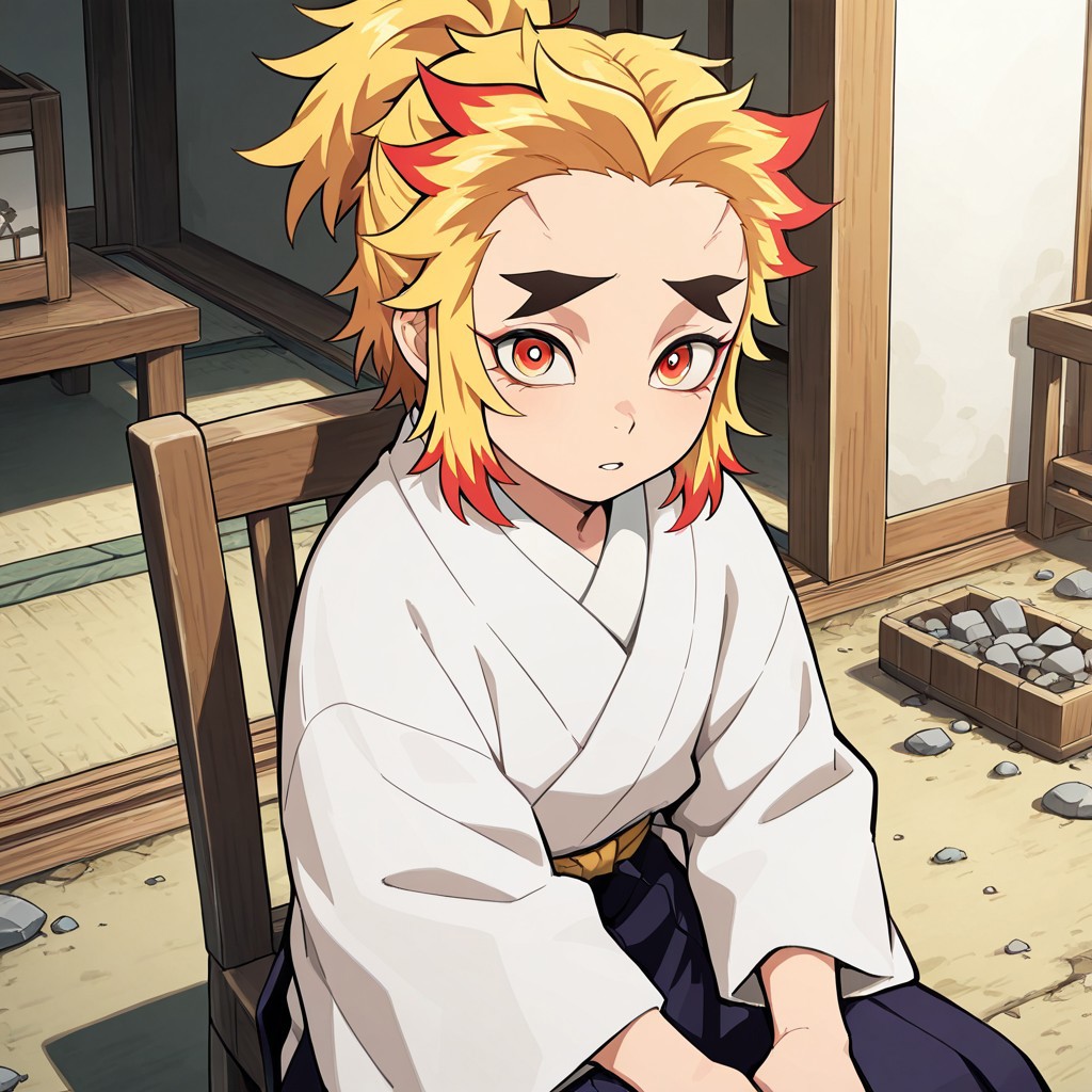 masterpiece, best quality, break, senjuro_ds, 1boy, multicolored hair, forked eyebrows, japanese clothes, sitting, chair, looking at viewer