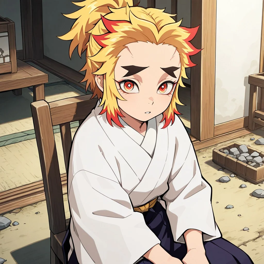 masterpiece, best quality, break, senjuro_ds, 1boy, multicolored hair, forked eyebrows, japanese clothes, sitting, chair, looking at viewer