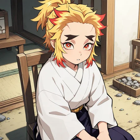masterpiece, best quality, break, senjuro_ds, 1boy, multicolored hair, forked eyebrows, japanese clothes, sitting, chair, looking at viewer