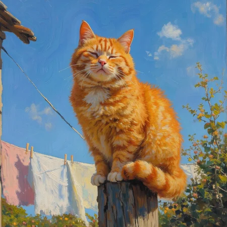 **Prompt:** An **oil painting** of a **fluffy, chubby ginger cat** with a soft patch of white fur on its chest, sitting with closed eyes atop the end of a tall wooden pole, radiating an air of peace and satisfaction. Its plump body and lazy posture reflect its contentment, as all four paws rest securely on the pole. The view is captured from below, giving the cat a majestic, almost regal position against the **bright blue sky**. Bold, expressive brushstrokes add texture to the thick fur and soft whiskers, emphasizing its fluffiness and round shape.
In the background, **laundry hangs on a line**, delicately blowing in the breeze—simple pieces in whites and pastel colors, contrasting with the ginger fur of the cat. The sun casts a warm, golden light across the scene, highlighting the richness of the cat's fur and the wood grain on the pole. The overall impression is one of **peaceful idleness and warmth**, with a playful nod to the cat’s lazy, carefree nature in a scene that feels both rustic and cozy. bold brushstrokes, OByouhua