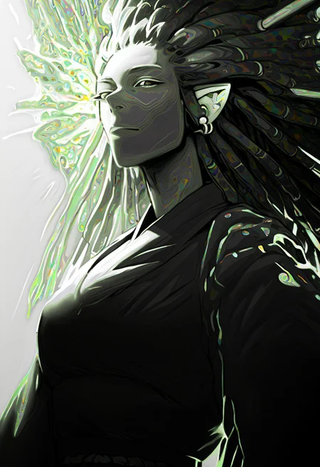 score_9, score_8_up, score_8, female, cel-shading, backlit, delicate features, very long hair, (dreadlocks), upper body, big breasts, techwear, cyborg, pointy elf ears, multiple ear piercings, techwear, dynamic pose, freckles, tan, colorvsgrey, monochrome, green glowing machine parts, hair oranments, kimono, electrical arcs,