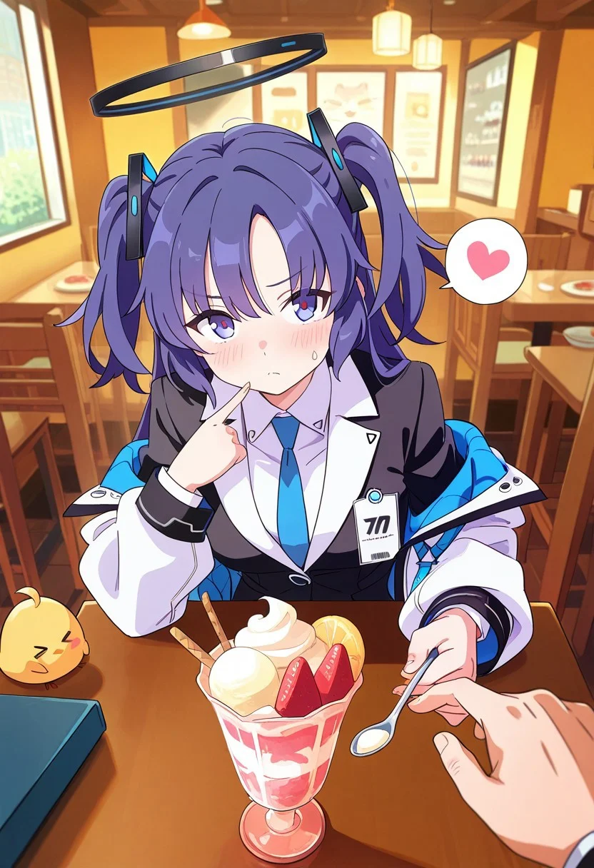 1girl, yuuka \(blue archive\), cute, tsundere, cat print, blue necktie, collared shirt, boy holding spoon, boy pov, ice cream, jacket, long hair, long sleeves, parted bangs, girl pointing at self, purple hair, school uniform, sidelocks, spoken heart, spoon, sweatdrop, two side up, very close-up girl, sitting in front of boy, boy out-of-frame, girl focus, restaurant chair, ice cream on restaurant table, manjuu \(azur lane\), (indoors, dim light, chiaroscuro, rim light, dim, occlusion shadows), ((4k, 8k, Ultra HD)), (artist:mebae:2), face focus, detailed face, detailed eyes, perfect eyes, detailed skin texture, skindentation, (foreshortening:2), (asymmetric pose), (contrapposto), depth of field, ((Detailed background :1.5)), ((Masterpiece)), ((Best quality)), ((Detailed)), amazing quality, very awa, highres, absurdres,