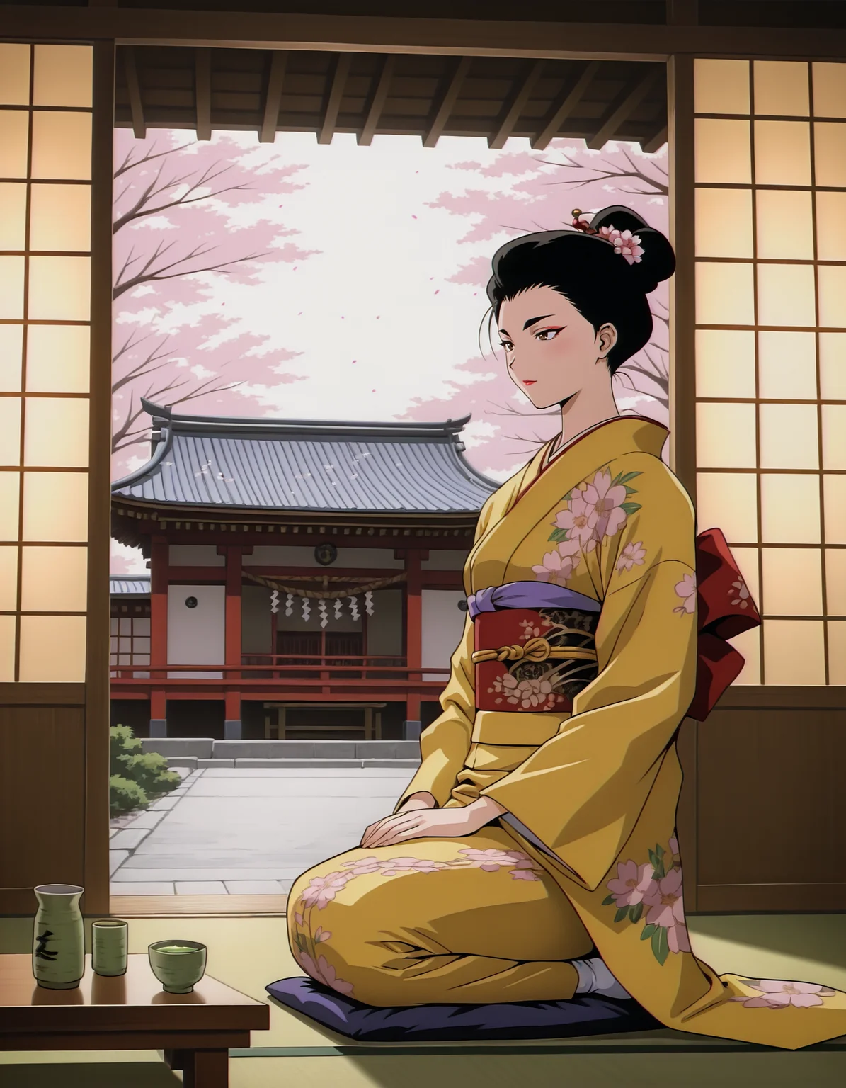 <lora:golden-boy-v2-illustrious-000030:0.8> terayama reiko, black hair, single hair bun, yellow kimono, 1girl, seiza, east asian architecture, cherry blossoms, green tea,
cinematic lighting, masterpiece, best quality