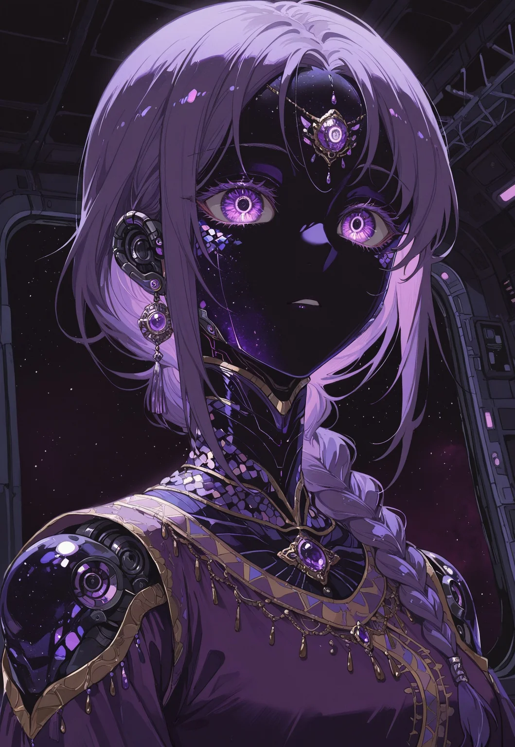 masterpiece, best quality, 1girl, robot girl, robot joints, purple dress, indian clothes, purple accents, long hair, portrait, dark space station interior, close-up, braided ponytail, 15546+456868, jewelry