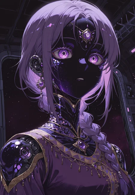 masterpiece, best quality, 1girl, robot girl, robot joints, purple dress, indian clothes, purple accents, long hair, portrait, dark space station interior, close-up, braided ponytail, 15546+456868, jewelry
