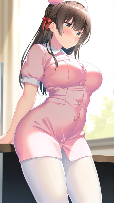 amazing quality,absurdres,best quality,masterpiece,highres,newest,detailed,detailed body,detailed face,masterpiece,best quality,solo,
hibari,1girl,solo,nurse,nurse cap,pantyhose,hat,brown hair,white pantyhose,hair ribbon,breasts,yellow eyes,<lora:hibari:1>,