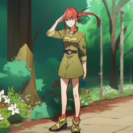 score_8, score_8_up, score_7_up, source_anime, anime screenshot, 1girl, female focus, solo, alma_CF, red hair, green eyes, short hair with long locks, bangs, sidelocks, single hair bun, hair ornament, floating hair, ponytail, small breasts, military uniform, collared jacket, military rank insignia, green jacket, white undershirt, sleeve cuffs, belt, belt buckle, green skirt, knee socks, green socks, ankle boots, green footwear, looking at viewer, smile, full body, standing, salute, outdoors, garden, tree, flowers