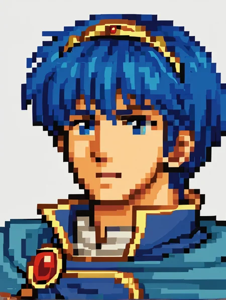 score_9, score_8_up, score_7_up, source_anime, BREAK, solo, 1boy, <lora:zs_FE5PortraitsXL:1.1>, fe5portraits, portrait, white background, <lora:Marth-pdxl_Fp:0.8>, marthfe, blue hair, blue eyes, short hair, tiara, blue tunic, armor, cape, pixel art,