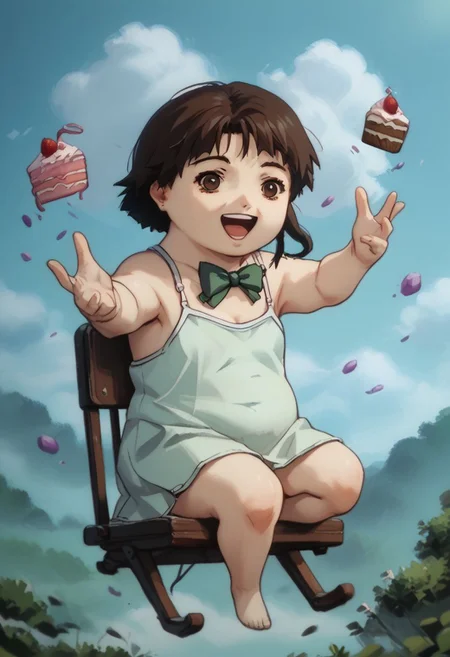 score_9, score_8_up, score_7_up, score_6, source_anime, lain, (light green camisole, bowtie), sitting in rocking chair, crazy, dementia, ((obese, fattie, cakes big swarm, reaching cupcakes big swarm, desserts swarm)),  close view, cute, ((chibi, kawaii)), clouds sky background, outdoors