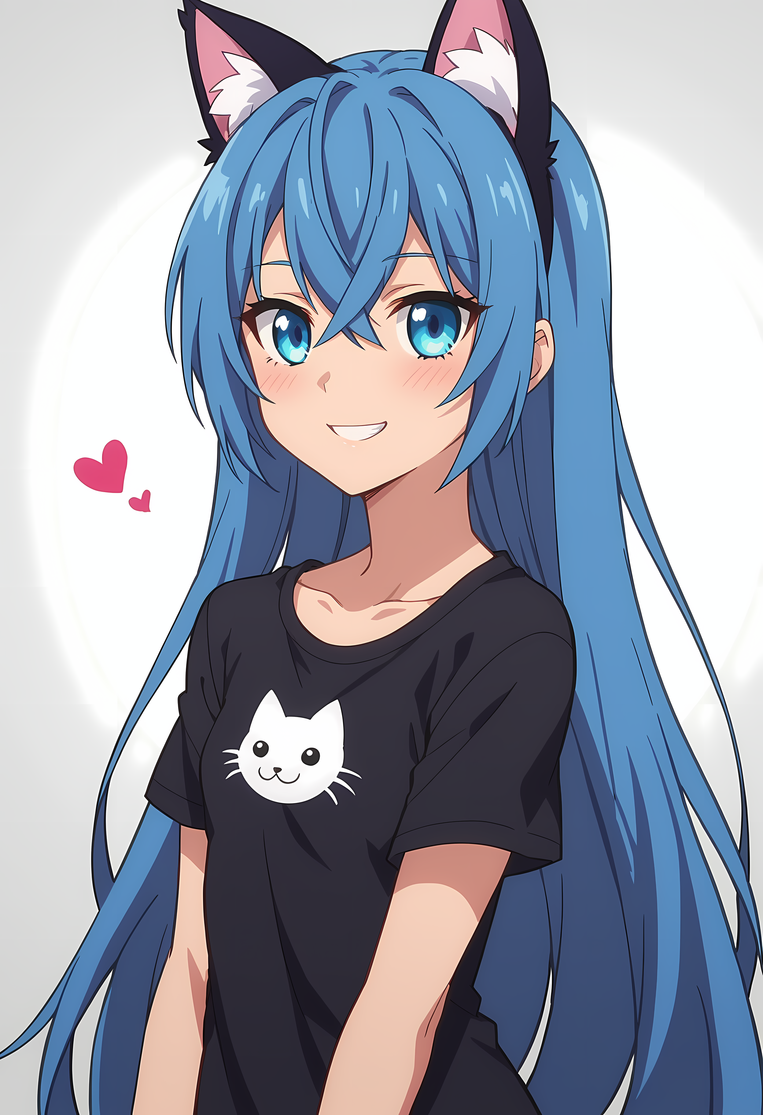 score_9, score_8_up, score_7_up, source_anime, 2d,
Astarte, 1girl, blue hair, very long hair, blue eyes, very small breasts, 
anime coloring, anime screencap, detailed eyes, zPDXL, perfect faces, uncensored, rating_explicit, <lora:astarte_0-000025:1>,
black cat ears, black t-shirt, <3, portrait, smile,