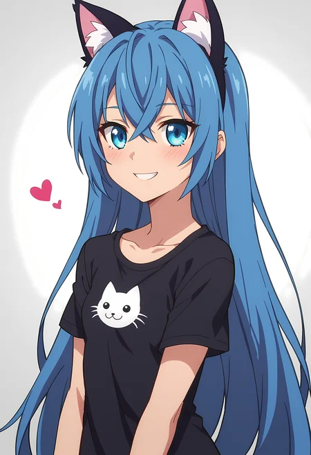 score_9, score_8_up, score_7_up, source_anime, 2d,
Astarte, 1girl, blue hair, very long hair, blue eyes, very small breasts,
anime coloring, anime screencap, detailed eyes, zPDXL, perfect faces, uncensored, rating_explicit, <lora:astarte_0-000025:1>,
black cat ears, black t-shirt, <3, portrait, smile,