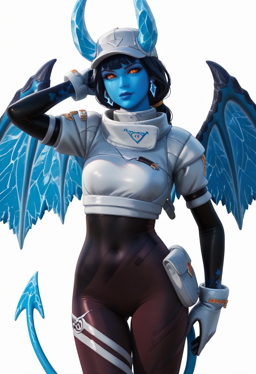 score_9, score_8_up, score_7_up, easynegative, realistic style, symphtia-style, dim lighting, detailed face, 1girl, shiver, (cute), petite, medium breast, blue skin, wings, horns, tail, hat, clothed, white background, empty void, (cowboy shot: 1.5), looking at view, one hand on hip, one hand behind head,