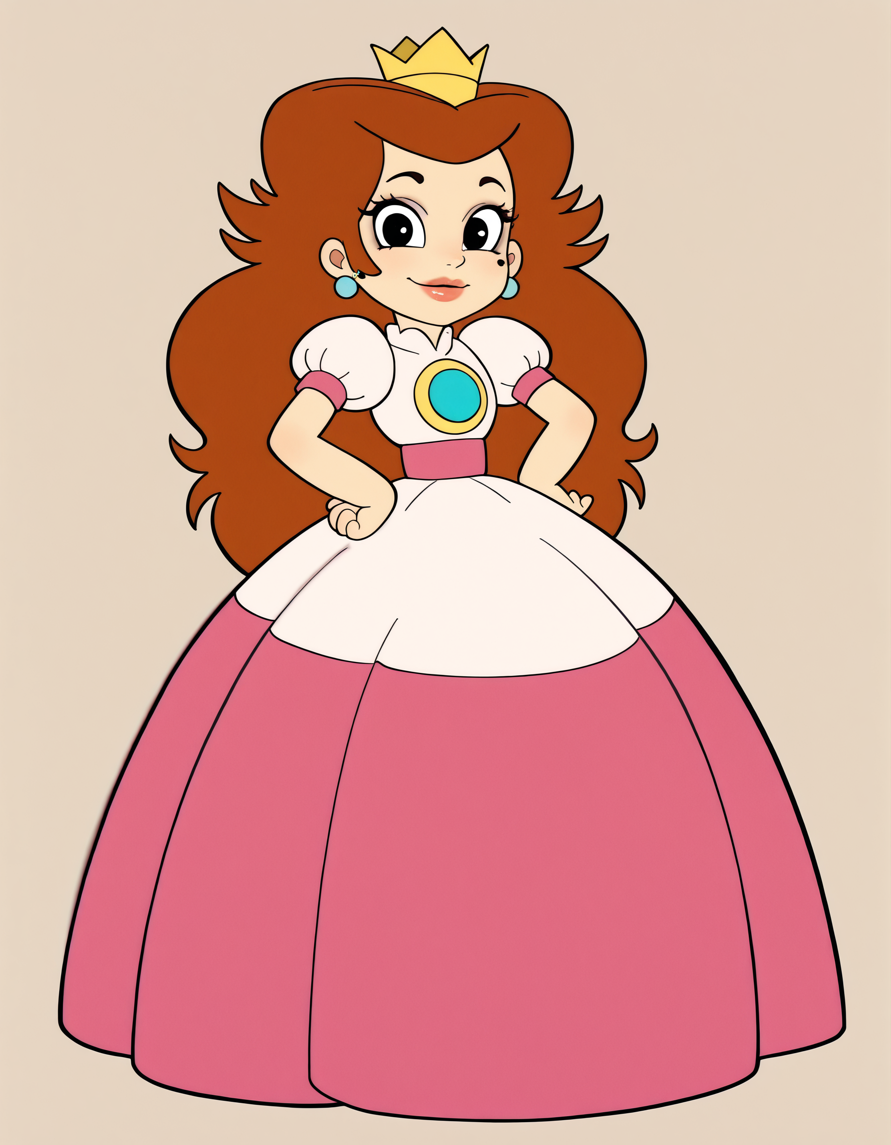 <lora:PrincessToadstoolIllusstrious1.0JLFO:0.8> princess toadstool, 1girl, long hair, , brown hair, solo, earrings, crown, black eyes, l, lips, makeup, pink dress, puffy sleeves, smile, brooch, looking at viewer, hand on own hip, cowboy shot,, masterpiece, best quality, amazing quality, very aesthetic, absurdres,simple background, full body,