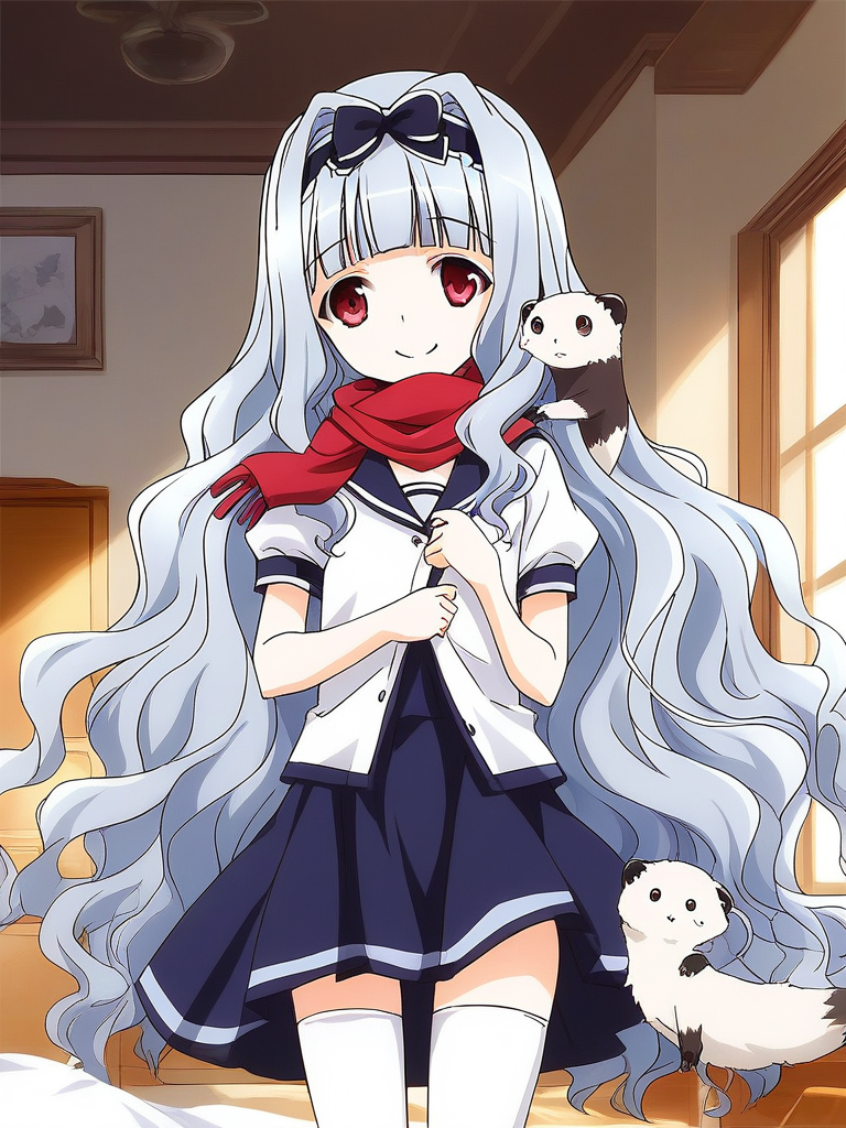 score_9, score_8_up, score_7_up, source_anime, rating_explicit, BREAK  <lora:Watayuki_Ver2.0_XL:1> Watayuki, hairband, very long hair, blue hair, grey hair, hair bow, purple eyes, red eyes, wavy hair, flat chest, blunt bangs,
school uniform, skirt, white thighhighs, bow, zettai ryouiki, ribbon, indoors, short sleeves, shirt, 
smile, red scarf,
ferret, animal,